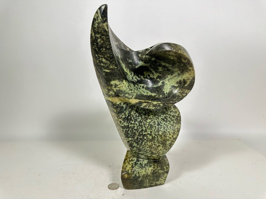 Vintage Signed Carved Green Stone Abstract Whale Sculpture Signed At Base 10W X 13.5H [Photo 13]