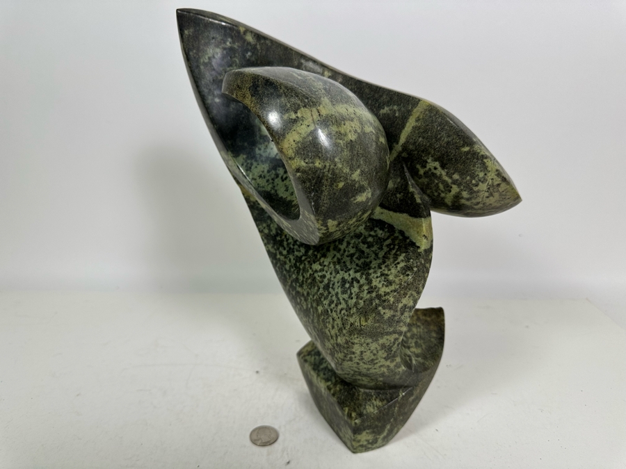 Vintage Signed Carved Green Stone Abstract Whale Sculpture Signed At Base 10W X 13.5H [Photo 17]
