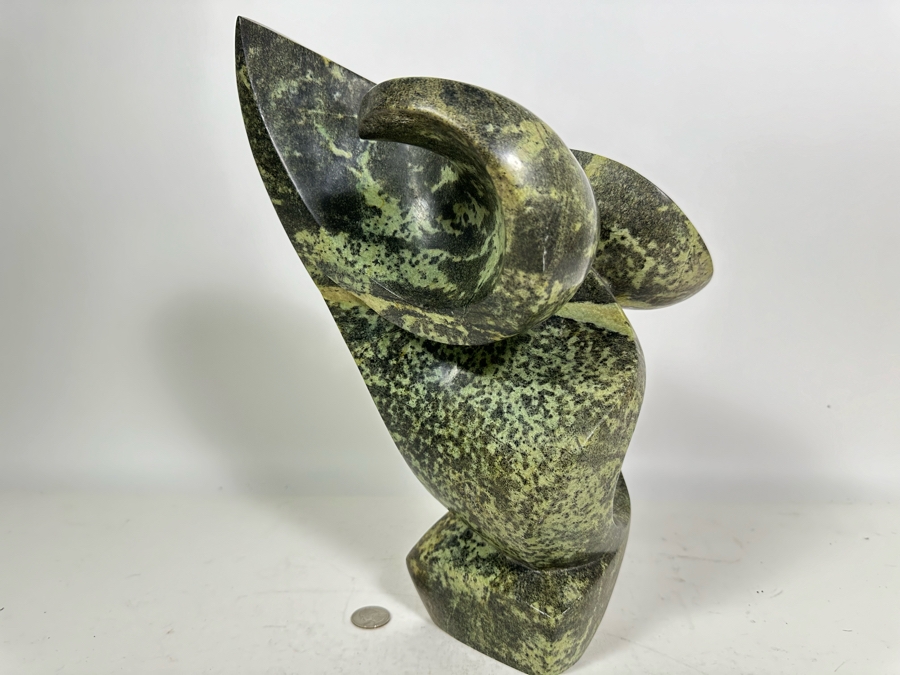Vintage Signed Carved Green Stone Abstract Whale Sculpture Signed At Base 10W X 13.5H [Photo 3]