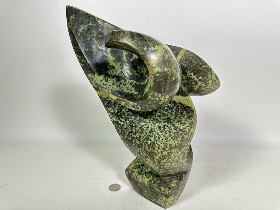Vintage Signed Carved Green Stone Abstract Whale Sculpture Signed At Base 10W X 13.5H [Photo 2]