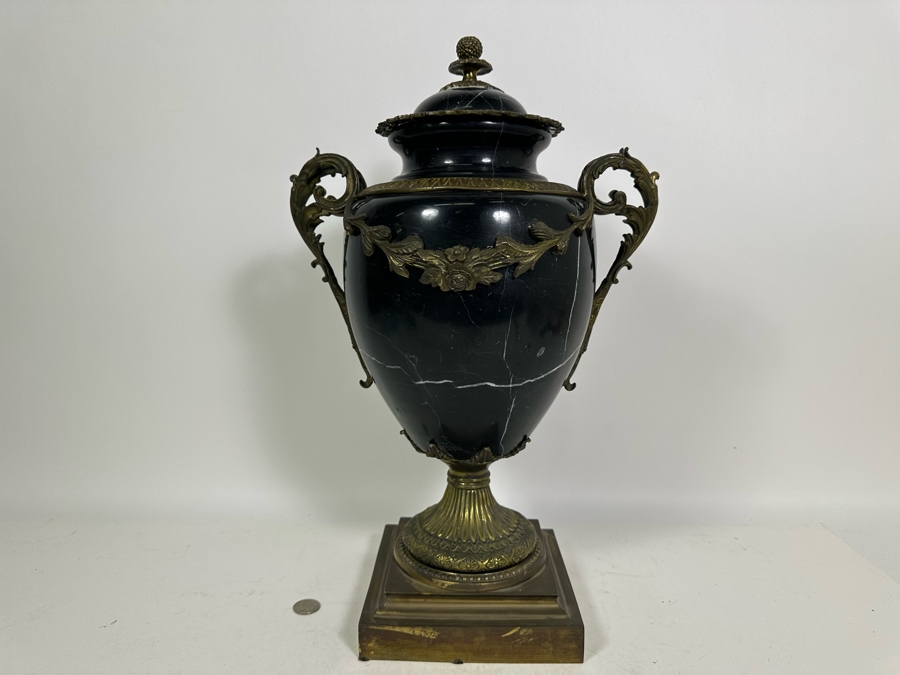 Polished Marble Footed Urn With Brass Ornamentation And Brass Base Heavy 13W X 20H [Photo 13]