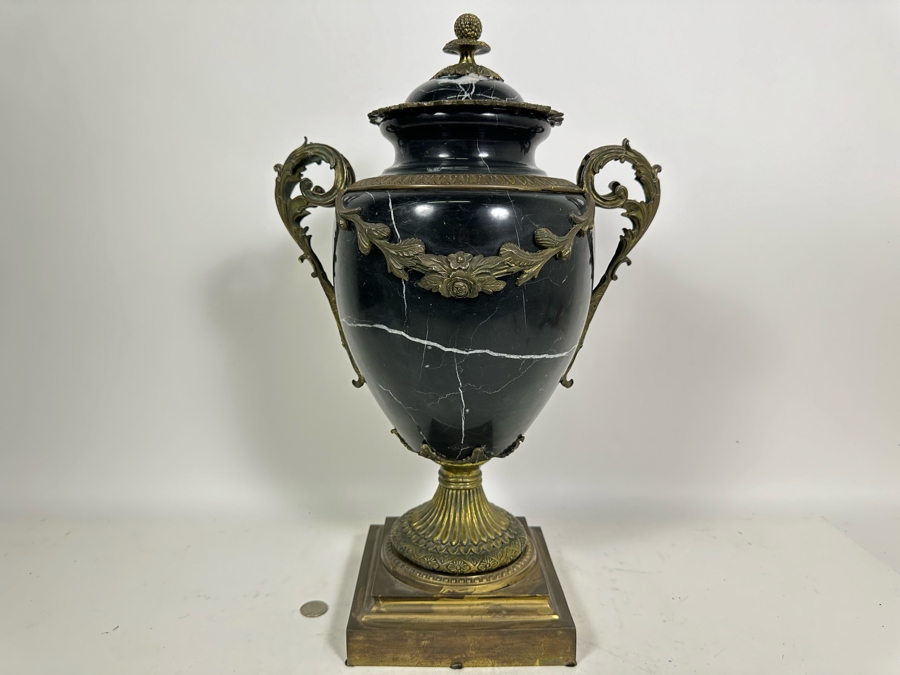 Polished Marble Footed Urn With Brass Ornamentation And Brass Base Heavy 13W X 20H [Photo 3]