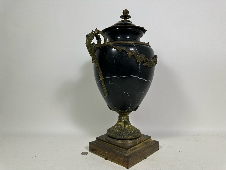 Polished Marble Footed Urn With Brass Ornamentation And Brass Base Heavy 13W X 20H [Photo 11]