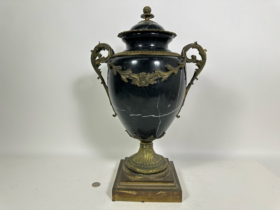 Polished Marble Footed Urn With Brass Ornamentation And Brass Base Heavy 13W X 20H [Photo 14]