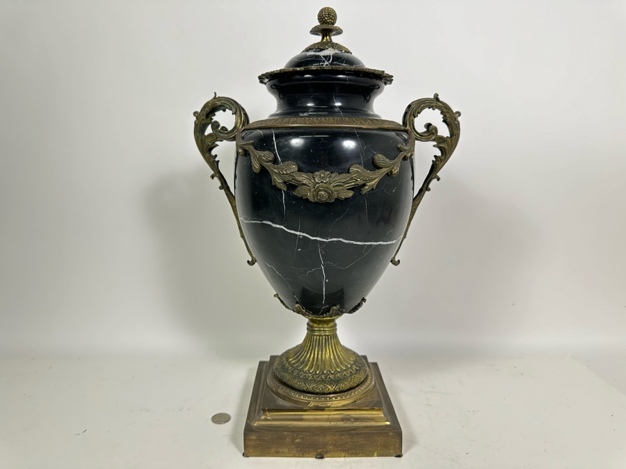 Polished Marble Footed Urn With Brass Ornamentation And Brass Base Heavy 13W X 20H [Photo 2]