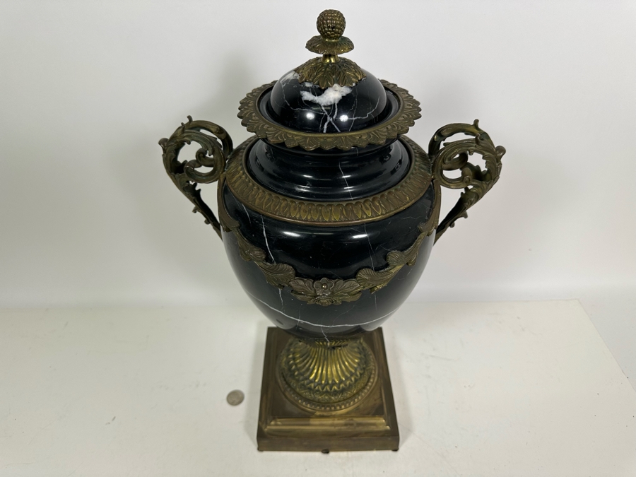 Polished Marble Footed Urn With Brass Ornamentation And Brass Base Heavy 13W X 20H [Photo 5]