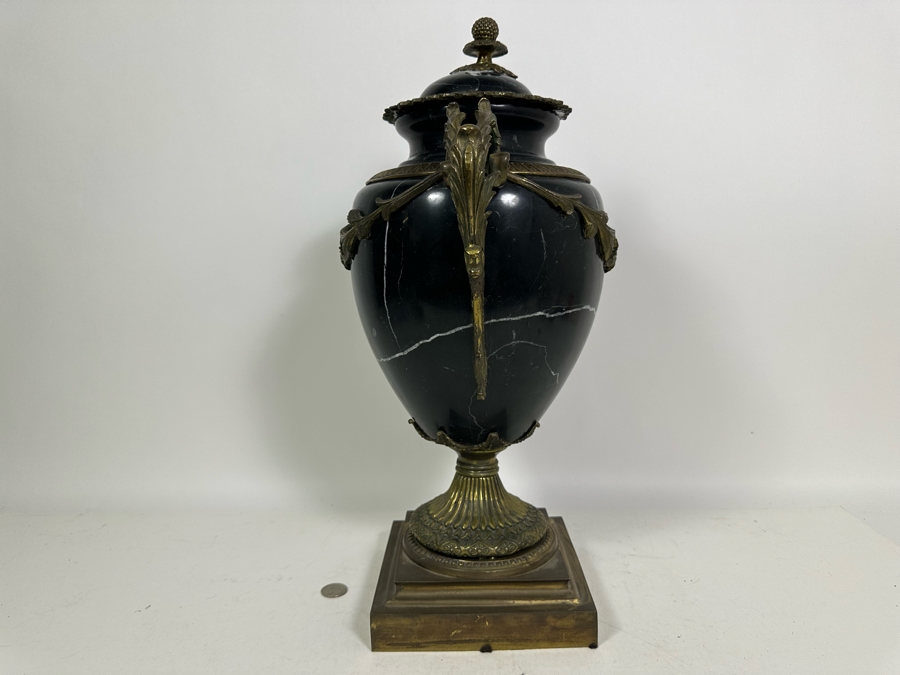 Polished Marble Footed Urn With Brass Ornamentation And Brass Base Heavy 13W X 20H [Photo 12]