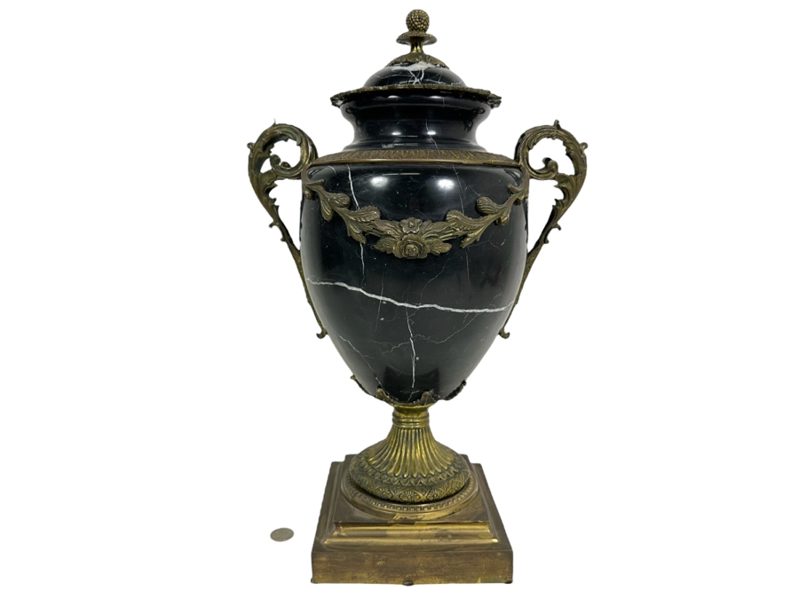 Polished Marble Footed Urn With Brass Ornamentation And Brass Base Heavy 13W X 20H
