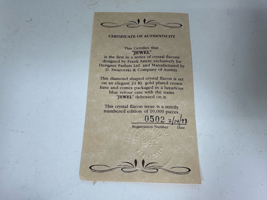 Limited Edition 'Jewel' Crystal Flacon Designed By Frank Astete For Designer Parfum Ltd / Manufactured By Swarovski With 24K Gold Platedd Crown Base [Photo 8]