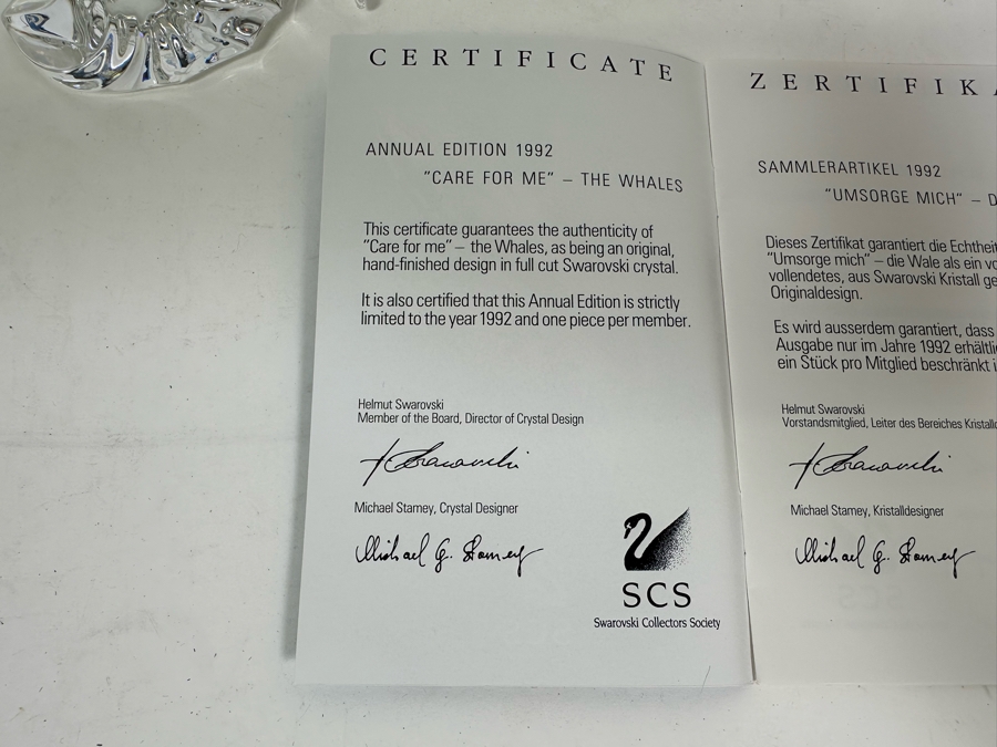 Vintage 1992 Annual Edition 'Care For Me' - The Whales Swarovski Crystal Sculpture 4H With Original Box And Cert Hand Signed By Crystal Designer Michael Stamey [Photo 16]