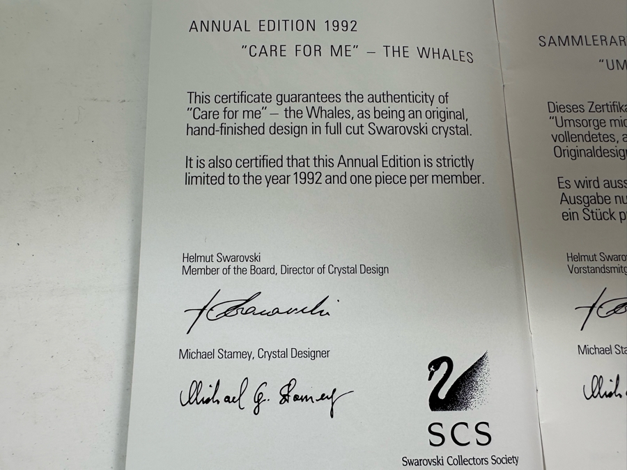 Vintage 1992 Annual Edition 'Care For Me' - The Whales Swarovski Crystal Sculpture 4H With Original Box And Cert Hand Signed By Crystal Designer Michael Stamey [Photo 17]