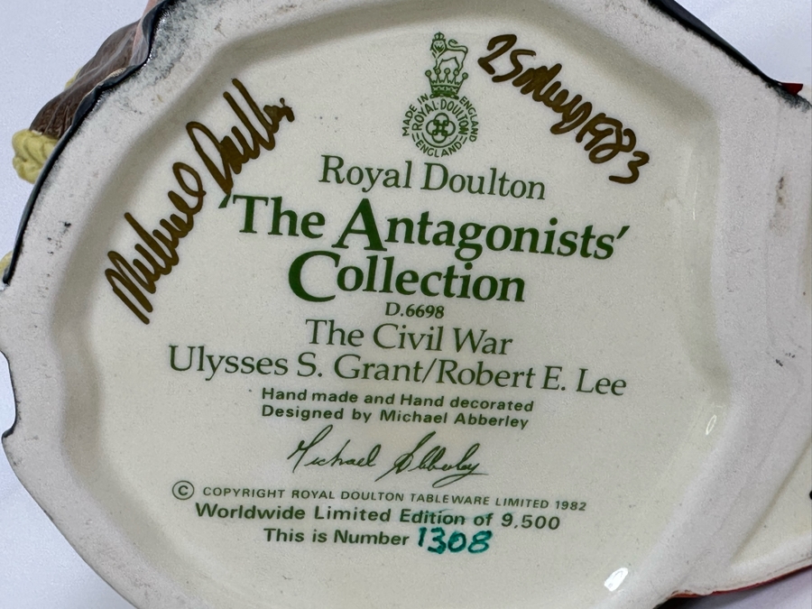 Vintage 1982 Royal Doulton Limited Edition Two Faced Toby Mug 'The Antagonists' Collection: The Civil War Ulysses S. Grant / Robert E. Lee' D6698 Large Made In England 7H Hand Signed By Michael Doulton [Photo 8]