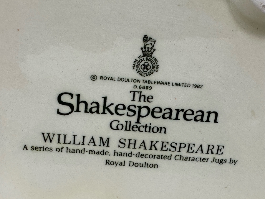 Vintage 1982 Royal Doulton Toby Mug 'The Shakespearean Collection: William Shakespeare' D6689 Large Made In England 7.5H [Photo 8]