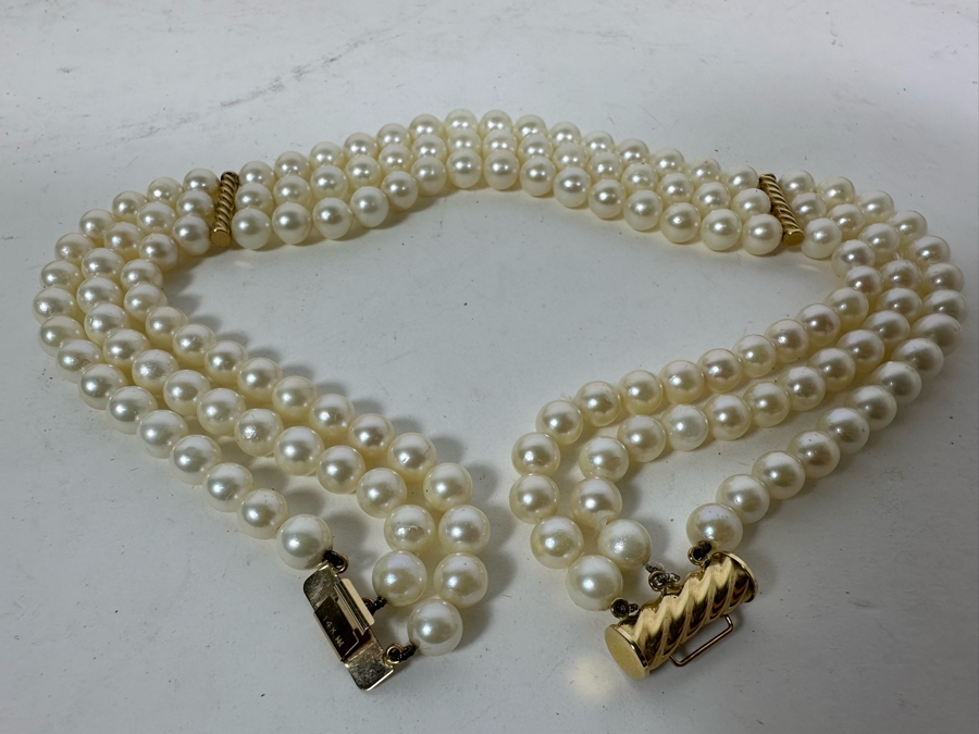 14K Gold / Triple Strand Pearl 12' Choker Necklace 51.2g [Photo 18]