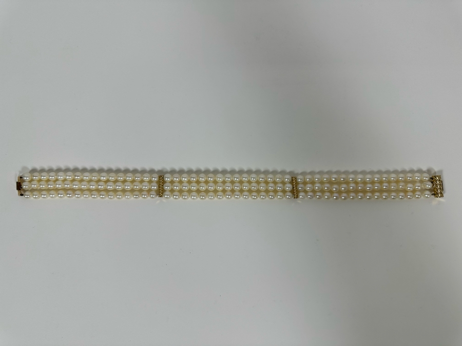 14K Gold / Triple Strand Pearl 12' Choker Necklace 51.2g [Photo 21]