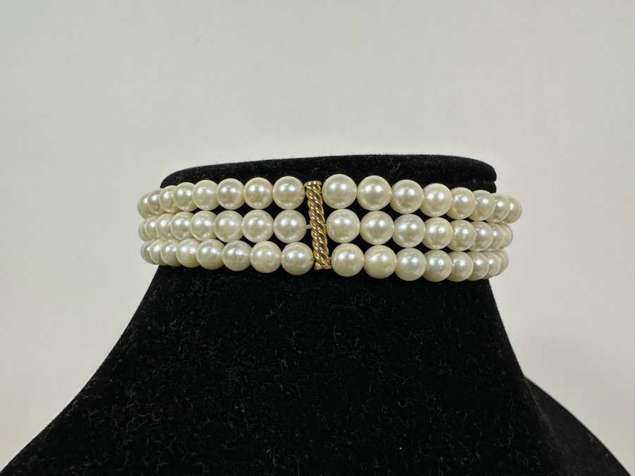 14K Gold / Triple Strand Pearl 12' Choker Necklace 51.2g [Photo 6]