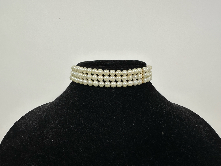 14K Gold / Triple Strand Pearl 12' Choker Necklace 51.2g [Photo 5]