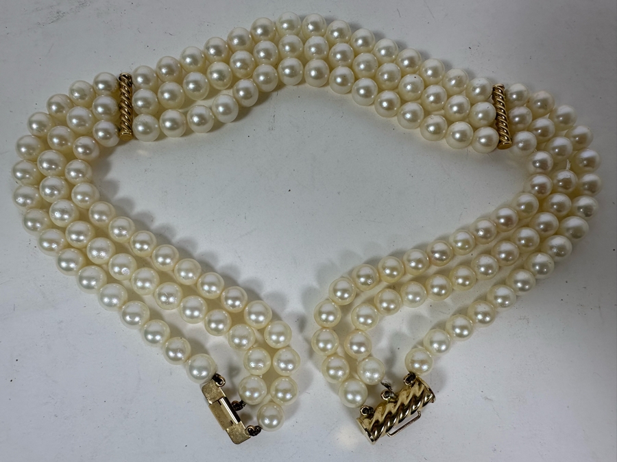 14K Gold / Triple Strand Pearl 12' Choker Necklace 51.2g [Photo 15]