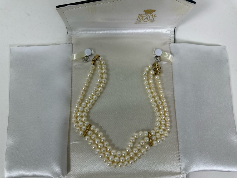 14K Gold / Triple Strand Pearl 12' Choker Necklace 51.2g [Photo 24]