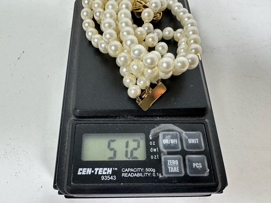 14K Gold / Triple Strand Pearl 12' Choker Necklace 51.2g [Photo 19]