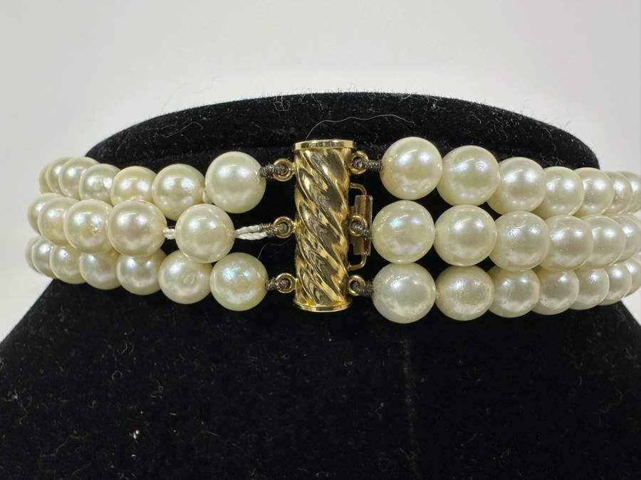 14K Gold / Triple Strand Pearl 12' Choker Necklace 51.2g [Photo 7]