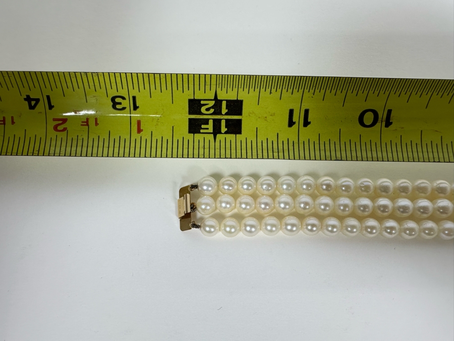 14K Gold / Triple Strand Pearl 12' Choker Necklace 51.2g [Photo 20]