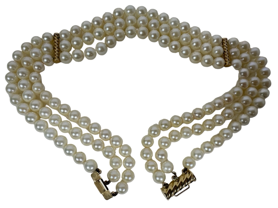14K Gold / Triple Strand Pearl 12' Choker Necklace 51.2g [Photo 2]