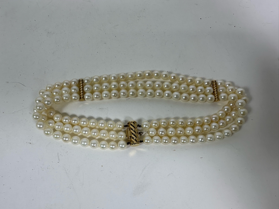 14K Gold / Triple Strand Pearl 12' Choker Necklace 51.2g [Photo 8]