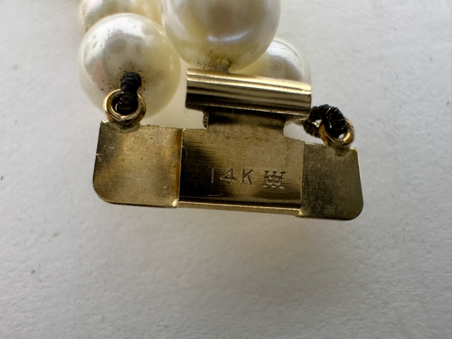 14K Gold / Triple Strand Pearl 12' Choker Necklace 51.2g [Photo 12]