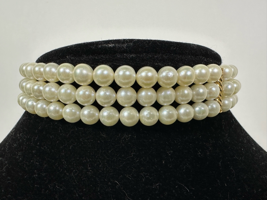 14K Gold / Triple Strand Pearl 12' Choker Necklace 51.2g [Photo 3]
