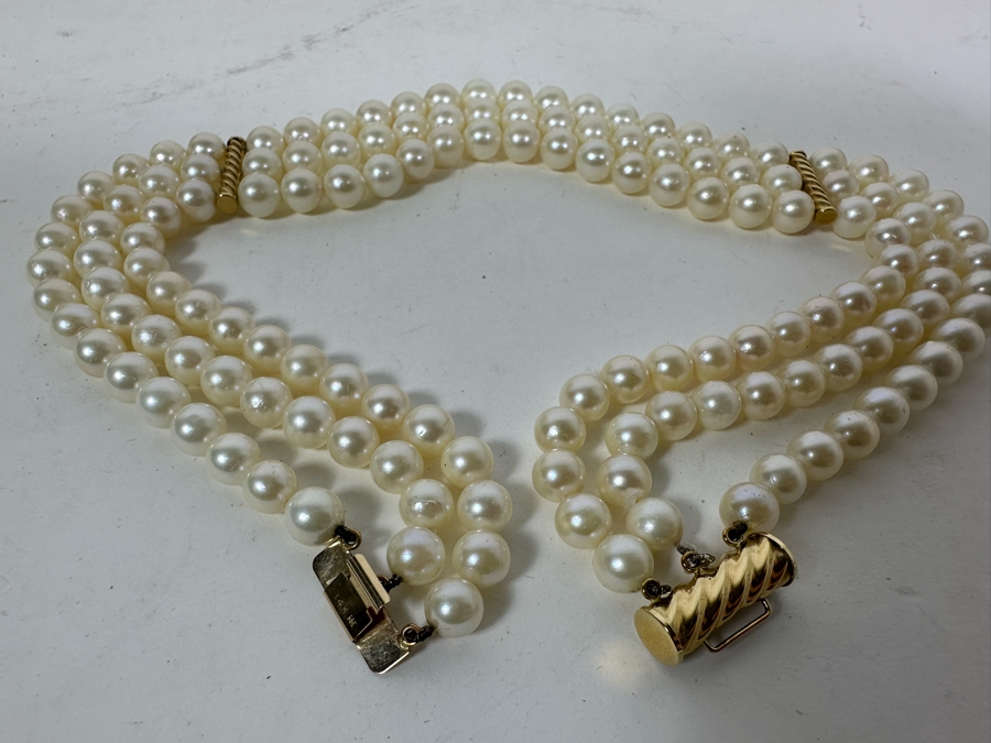 14K Gold / Triple Strand Pearl 12' Choker Necklace 51.2g [Photo 17]