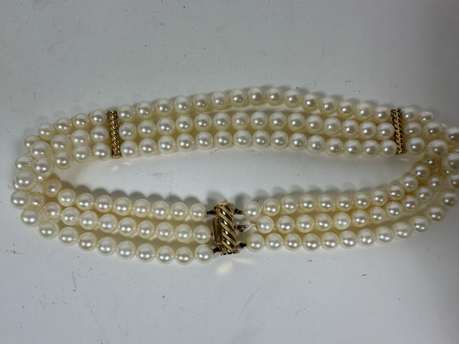 14K Gold / Triple Strand Pearl 12' Choker Necklace 51.2g [Photo 9]