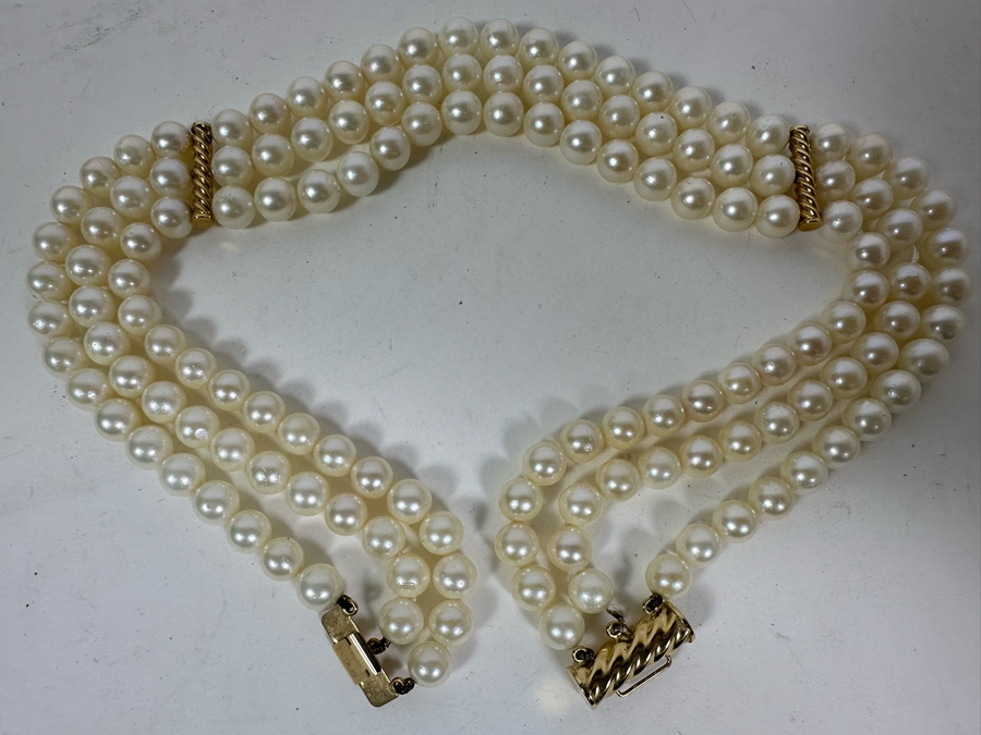14K Gold / Triple Strand Pearl 12' Choker Necklace 51.2g [Photo 16]