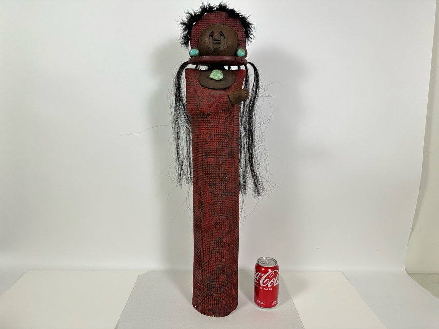 Lisa Lamonthe Pueblo Blanket People Pottery Sculpture With Turquoise And Horse Hair Signed 30' - See Photos [Photo 4]