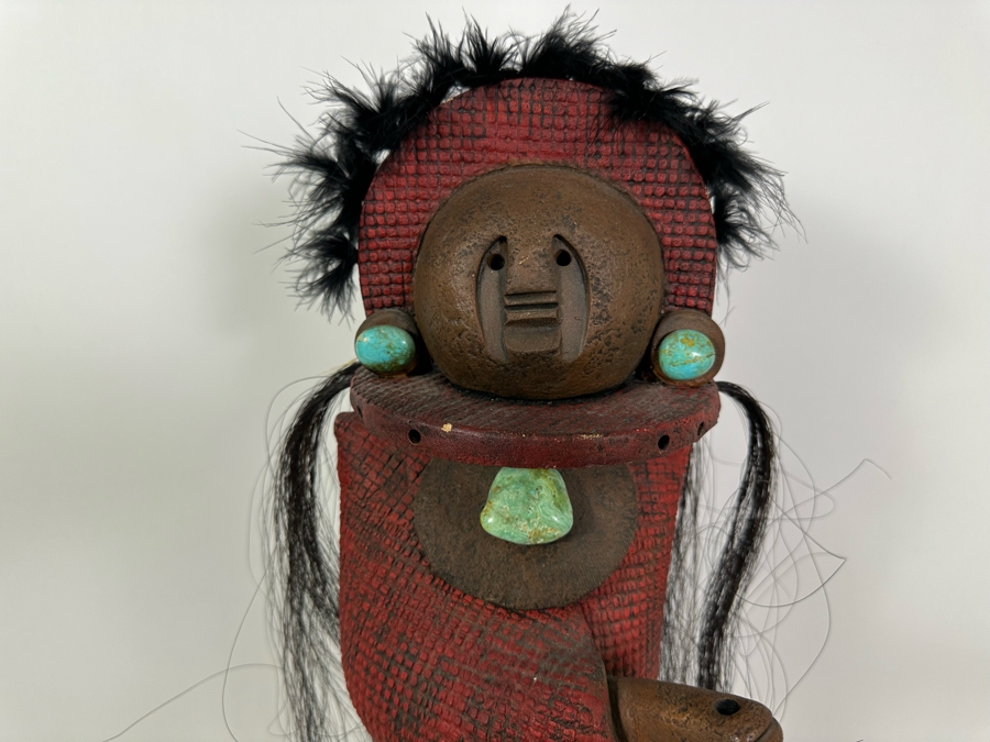 Lisa Lamonthe Pueblo Blanket People Pottery Sculpture With Turquoise And Horse Hair Signed 30' - See Photos [Photo 5]