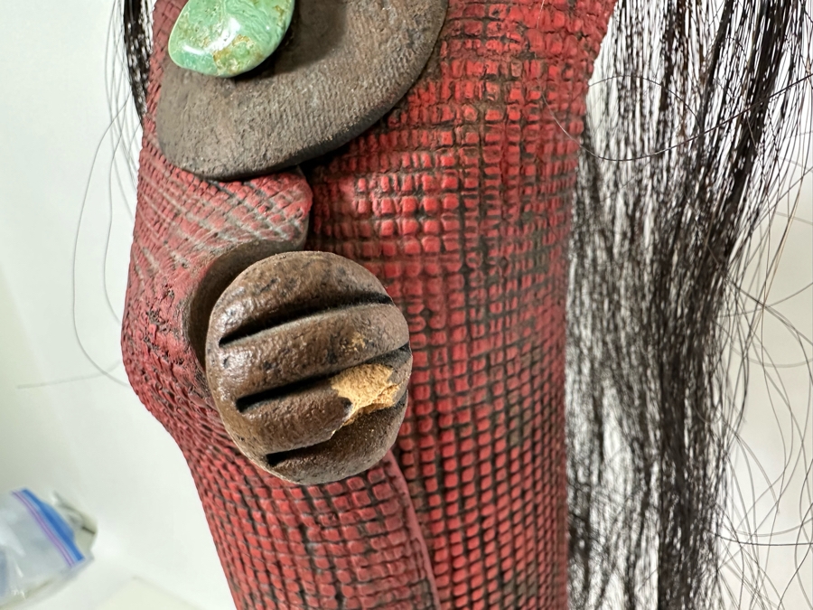 Lisa Lamonthe Pueblo Blanket People Pottery Sculpture With Turquoise And Horse Hair Signed 30' - See Photos [Photo 9]
