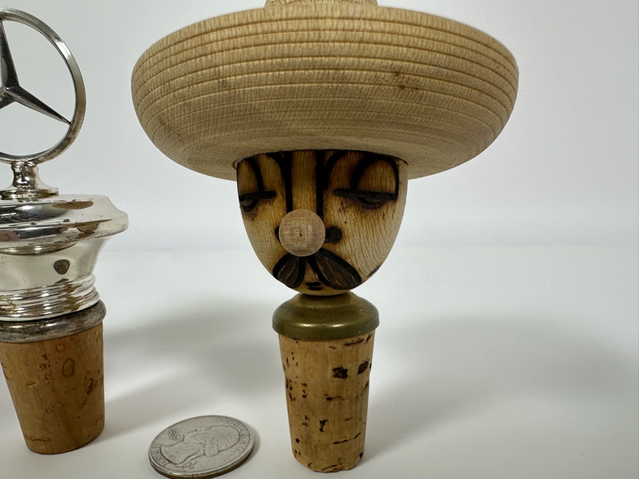 (3) Wine Stoppers: Carved Wood Figures And Mercedes Benz Logo [Photo 4]