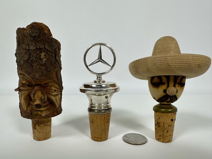 (3) Wine Stoppers: Carved Wood Figures And Mercedes Benz Logo [Photo 2]