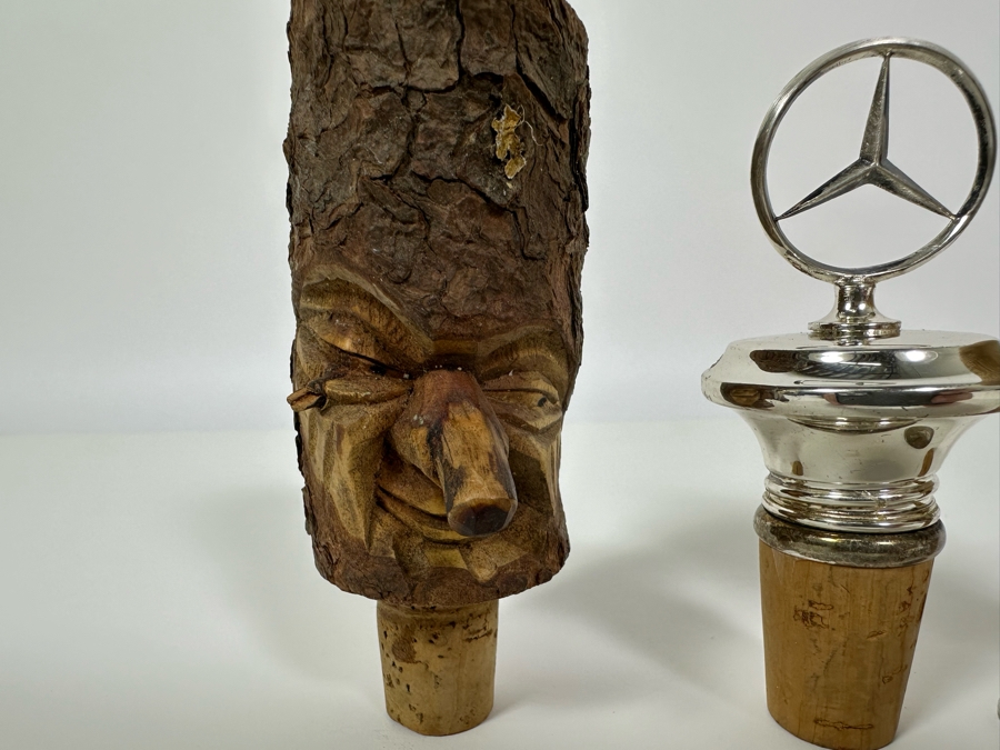 (3) Wine Stoppers: Carved Wood Figures And Mercedes Benz Logo [Photo 3]
