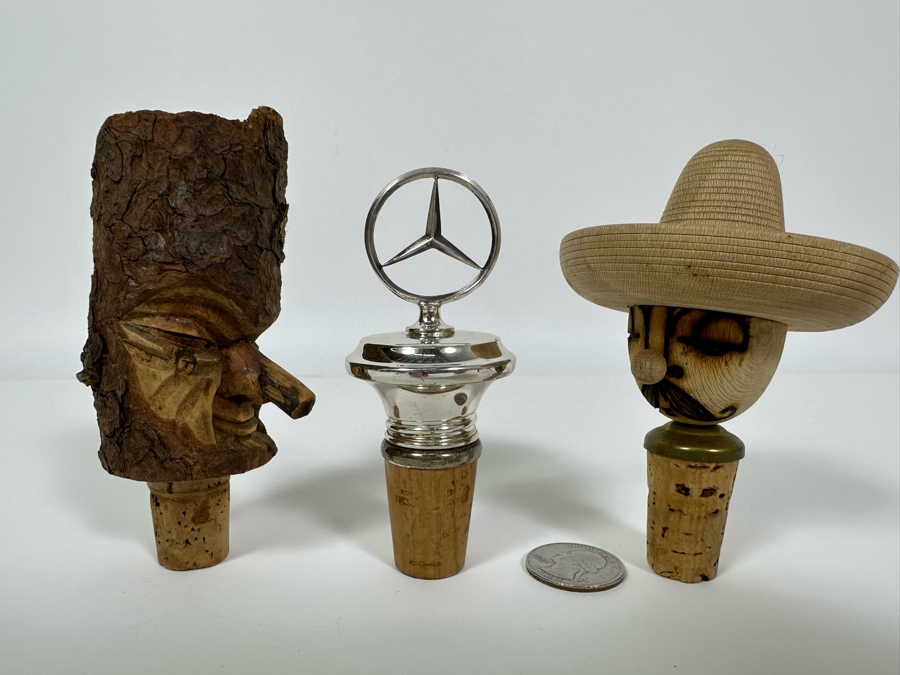 (3) Wine Stoppers: Carved Wood Figures And Mercedes Benz Logo [Photo 5]