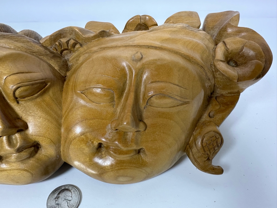 Relief Carved Wooden Indonesian Double Faces Wall Sculpture 12W X 8H X 3.5D [Photo 6]