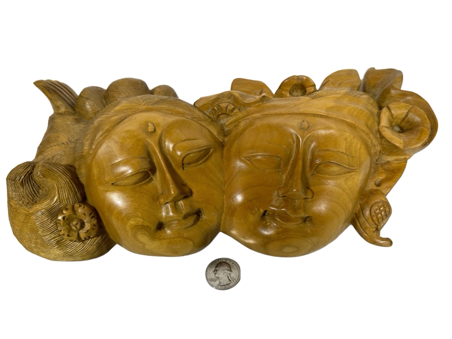 Relief Carved Wooden Indonesian Double Faces Wall Sculpture 12W X 8H X 3.5D [Photo 1]