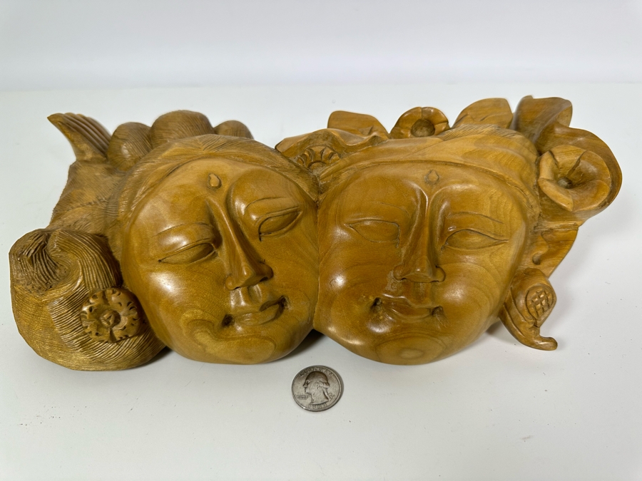 Relief Carved Wooden Indonesian Double Faces Wall Sculpture 12W X 8H X 3.5D [Photo 4]