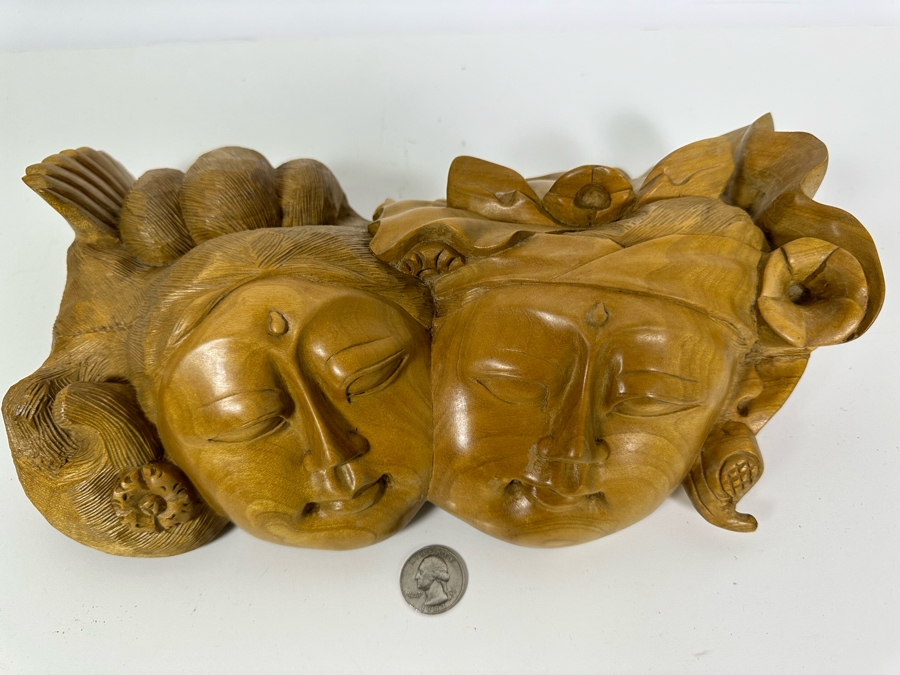 Relief Carved Wooden Indonesian Double Faces Wall Sculpture 12W X 8H X 3.5D [Photo 2]