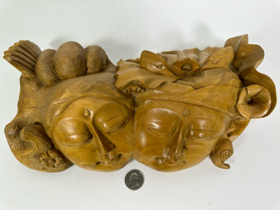 Relief Carved Wooden Indonesian Double Faces Wall Sculpture 12W X 8H X 3.5D [Photo 3]