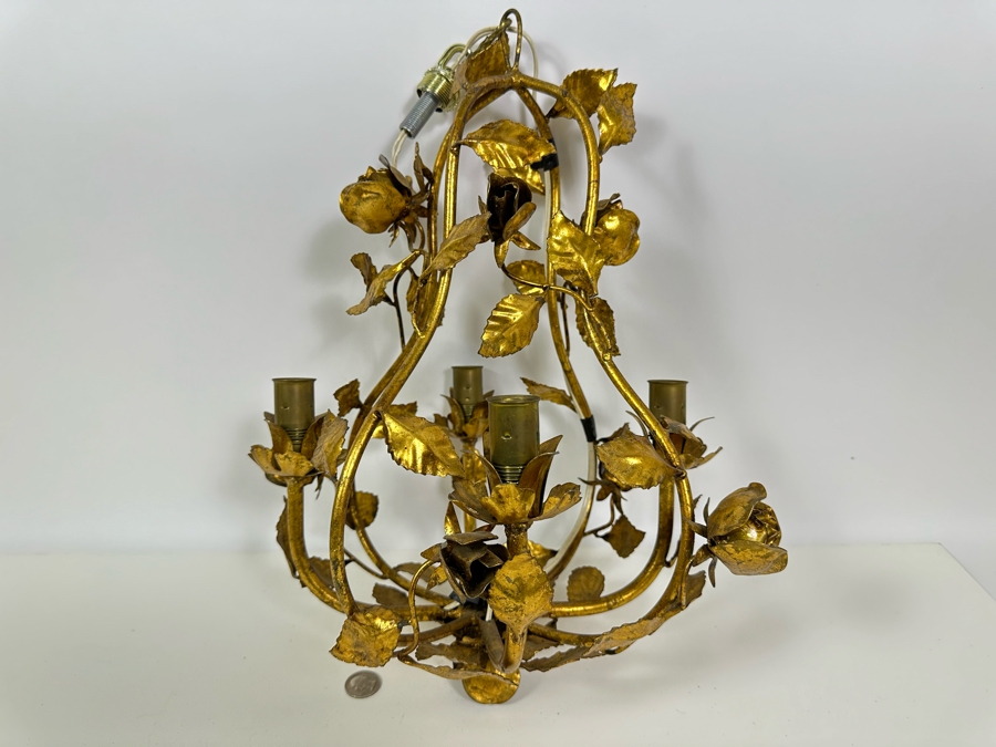 Vintage Gilt Metal Rose Light Fixture 19H [Photo 3]