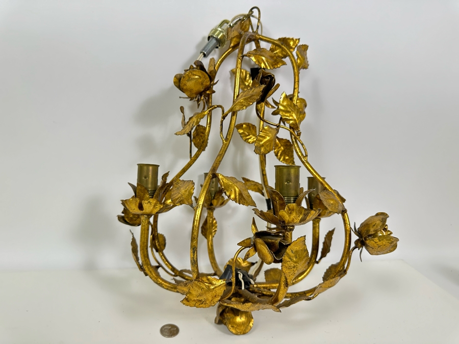 Vintage Gilt Metal Rose Light Fixture 19H [Photo 4]