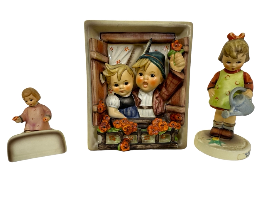 Set Of Three Vintage German Hummels: Little Gardener Figurine, One 4 U, One 4 Me Place Card & Vacation Time Wall Plaque