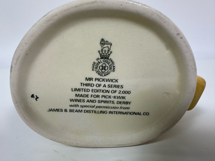 Vintage Limited Edition Royal Doulton Toby Mug 'Mr. Pickwick' Third Of A Series Made For Pick-Kwik Wines And Spirits, Derby James B. Beam Distilling International Co. Small Made In England 4H Estimate $100 [Photo 8]