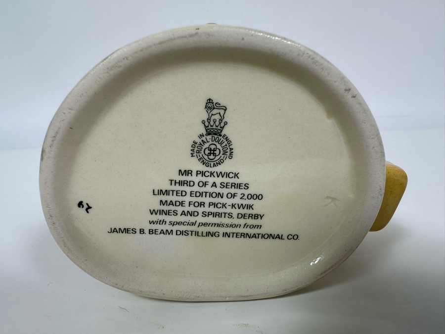 Vintage Limited Edition Royal Doulton Toby Mug 'Mr. Pickwick' Third Of A Series Made For Pick-Kwik Wines And Spirits, Derby James B. Beam Distilling International Co. Small Made In England 4H Estimate $100 [Photo 7]